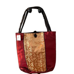 Asian Tote Oriental Shoulder Bag Red Gold Satin Purse Zippered Purse New With Ta